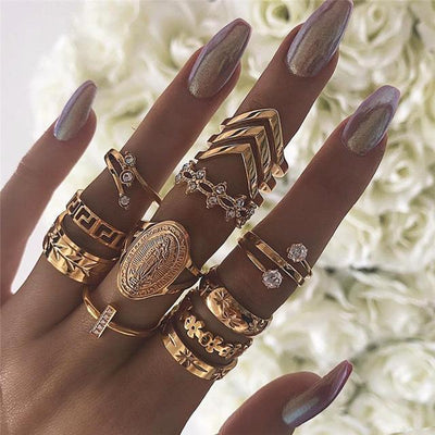 13-Piece 18K Gold Medallion Ring Set | Italian Design | Austrian Crystals