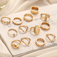 13-Piece 18K Gold Medallion Ring Set | Italian Design | Austrian Crystals